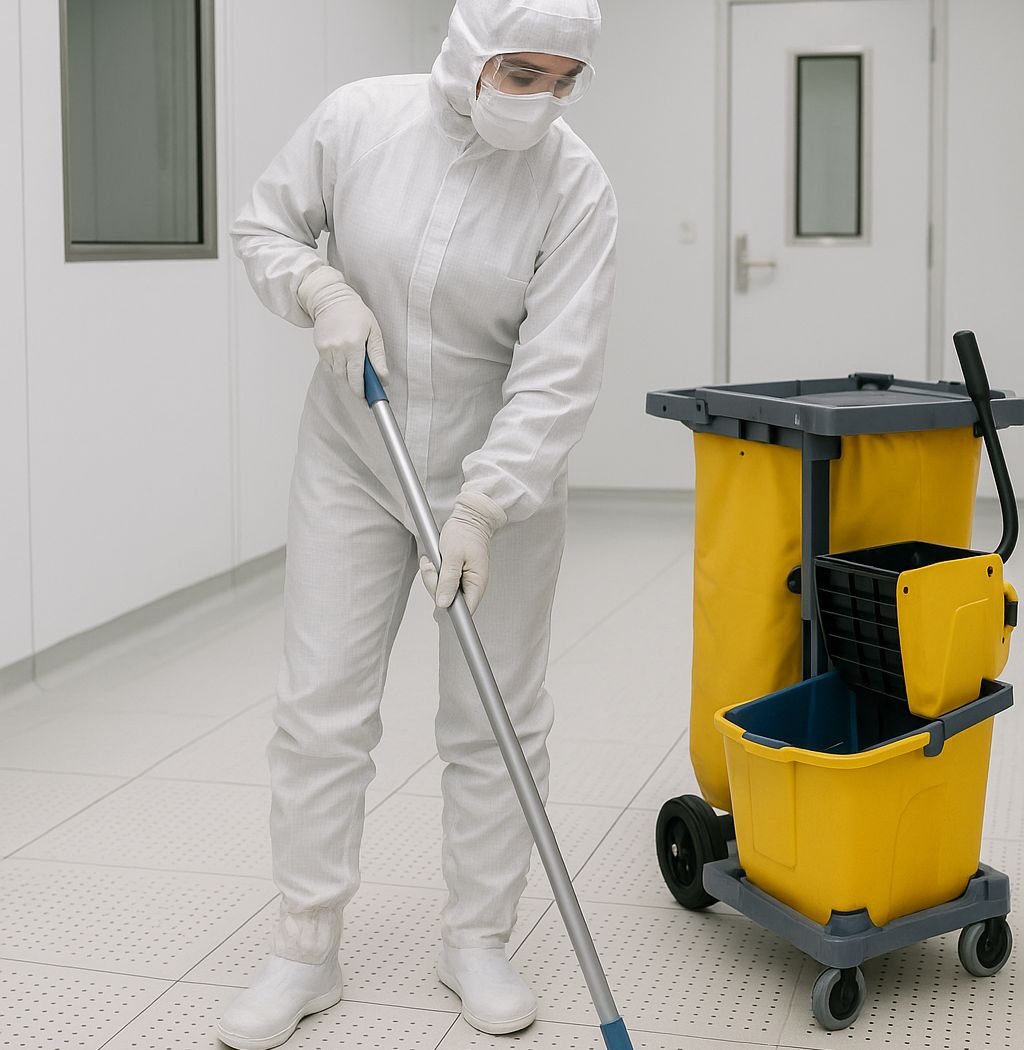 Schoonmaker in cleanroom die vloer reinigt in steriele laboratoriumomgeving