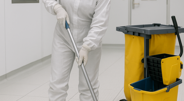 Schoonmaker in cleanroom die vloer reinigt in steriele laboratoriumomgeving