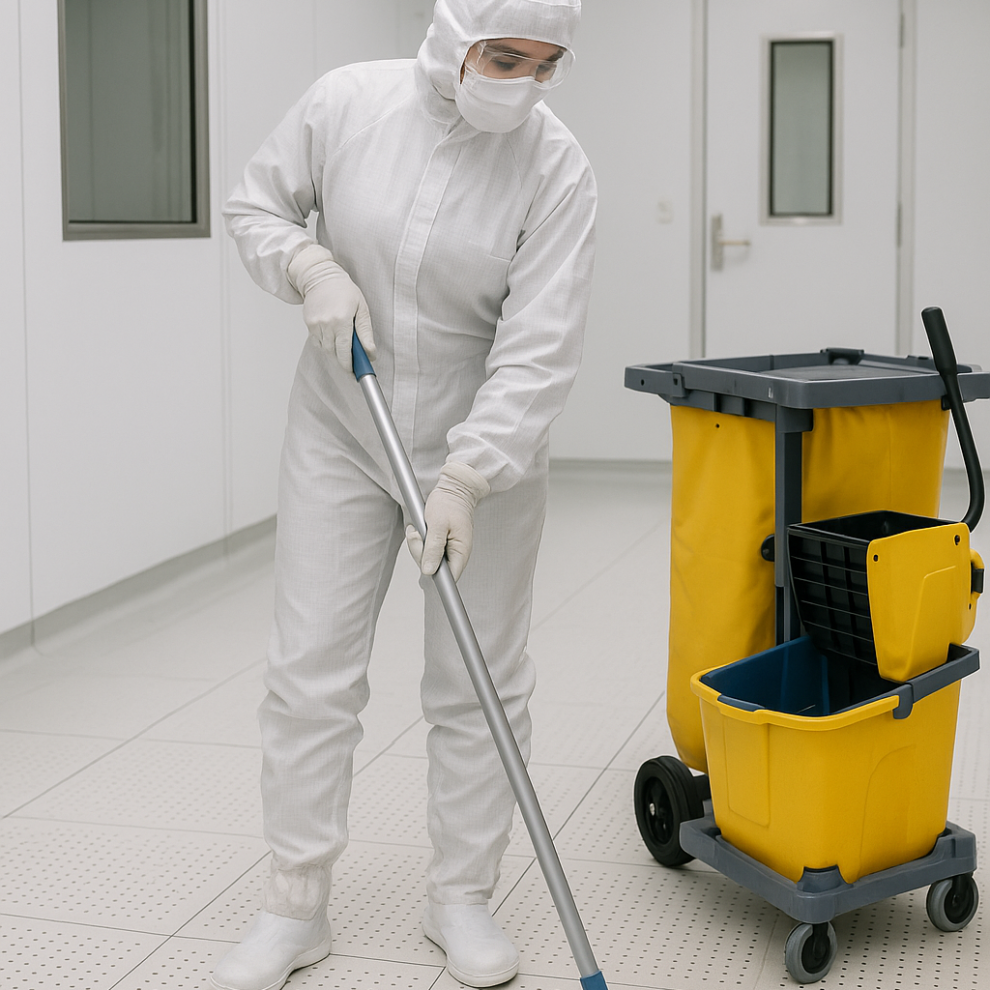 Schoonmaker in cleanroom die vloer reinigt in steriele laboratoriumomgeving